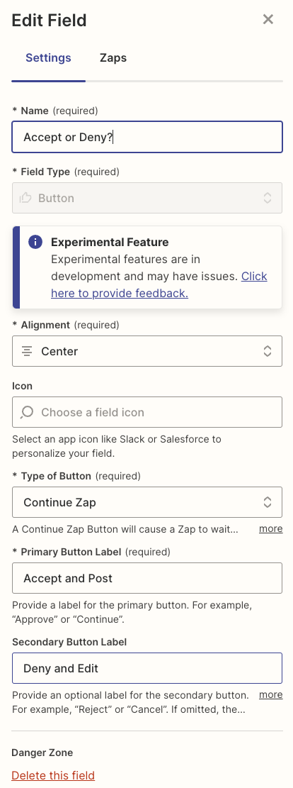 edit field settings in Zapier tables