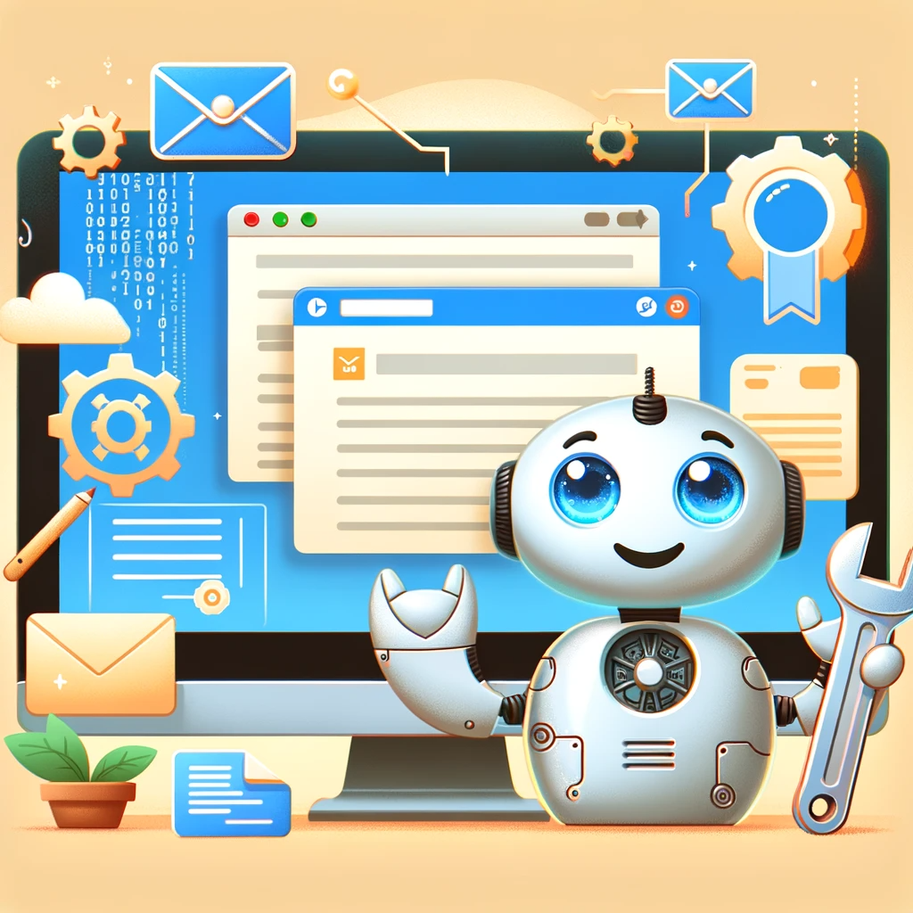 cartoon robot automating microsoft list and sharepoint updating from an email using power automate